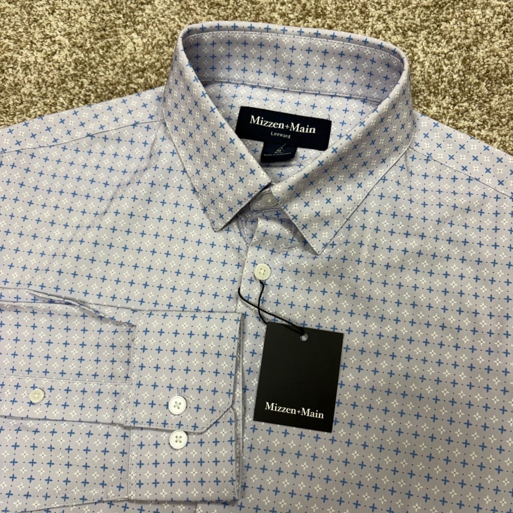 NEW Mizzen+Main Leeward Dress Shirt Mens Medium Lilac Hatch Mark Trim Fit